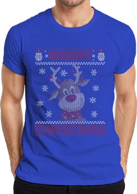 Produktbild von Merry Christmas Ugly Sweater Rentier Weihnachtsgeschenk Herren T-Shirt, Blau, 3XL