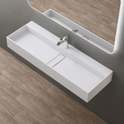 Image de doporro Vasque à Poser Blanc Mat avec Bonde Lavabo de Salle de Bains Suspendu 120cm Lave Mains Rectangulaire avec Cache Bonde Colossum6028