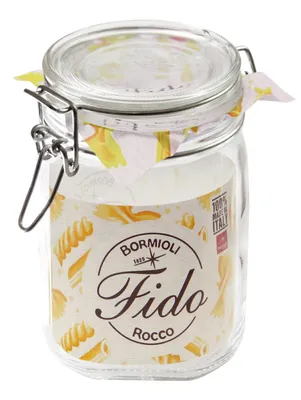 A glass jar with a clamp lid, decorated with pasta graphics and branding.