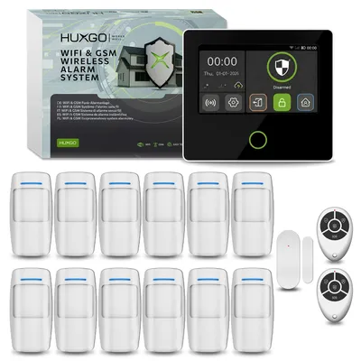 Immagine prodotto di Sistema di allarme wireless HUXGO per casa con Wi-Fi e GSM 4G: set composto da 12 rilevatori di movimento, 1 sensore per porte, app TUYA HXA502 B