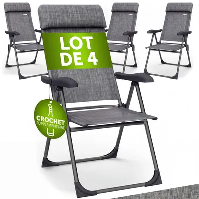 Image de CASARIA® 4x Chaises de jardin pliantes Gris Chiné en aluminium avec accoudoirs dossier réglable plage piscine camping voyage