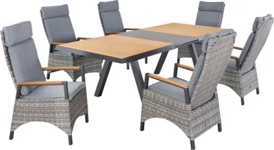 Produktbild von LC Garden »Kumasi« Gartenset I 7tlg. Esstisch 200/260x100cm Aluminium/Teakholz/Keramik + 6 Positionsstühle mit Teak-Armlehne
