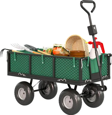Image de Chariot de jardin - Chariot à main - Capacité de charge 300 kg - Grandes roues - Poignée réglable - Revêtement imperméable - Vert