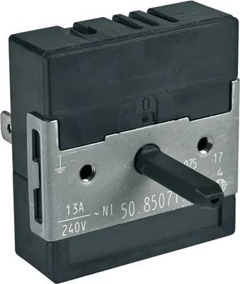 A close-up studio shot of a black and gray electrical component with a metal bracket and a black dial.
