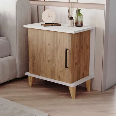 Produktbild von Skye Decor, Hochwertiger Nachttisch (55 cm) aus Melamin, Atlantik-Kiefer & Weiß