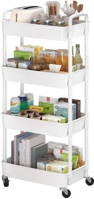 Produktbild von Unyqoos® Weißer 4-stufiger Aufbewahrungswagen mit Griff und Rollen (4×360°; 2 arretierbar) – Kunststoff mit Eisenverstärkung, multifunktional für Küche & Bad