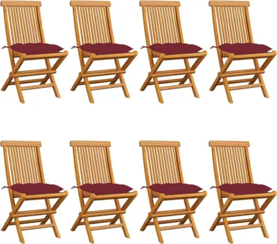Produktbild von Gartenstühle mit Weinroten Kissen 8 Stk. Massivholz Teak