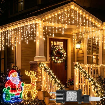 Produktbild von Eisregen Lichterkette Warmweiß 15M Eiszapfen Led Lichterketten 8 Modi Timer und Speicherfunktionen Fenster Dachrinne Balkon Garten Weihnachten Deko