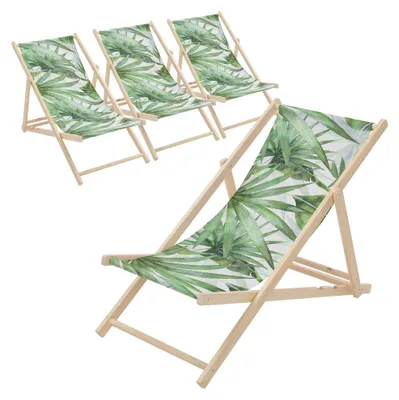 Produktbild von ECD Germany 4er Set Liegestuhl klappbar Palme Grün-Weiß aus Holz Sonnenliege mit 3-Fach verstellbarer Rückenlehne Strandliege für Garten Balkon