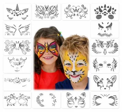Immagine prodotto di Set di 16 sagome riutilizzabili per bambini, ideali per il trucco del viso, per feste a tema, compleanni e Halloween