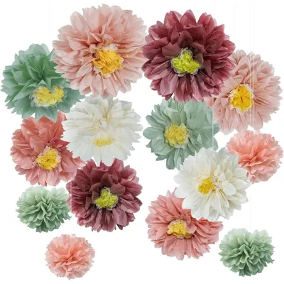 Productafbeelding van Papieren bloemdecoratieset, saliegroen, roze, 12 stuks, geschikt voor feest, bruiloft, verjaardag, babyshower