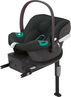 A black and gray baby car seat with a black base and a silver support leg, isolated on a white background.