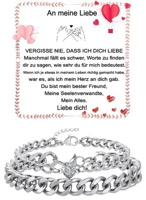 Productafbeelding van Armbandset voor koppels, Cubaanse ketting, verstelbaar, roestvrij staal, zilverkleurig, cadeauverpakking