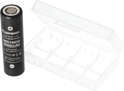 Productafbeelding van Keeppower IMR18650 Plus 2600mAh 3,6V - 3,7V Li-ion batterij (US18650VTC5A), minimaal 2500mAh, typisch 2600mAh, maximale stroomafname 35A (platte top), inclusief batterijbeschermingsdoos