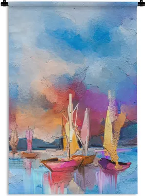 Produktbild von MuchoWow® Wandteppich Wandbehang Malerei - Boote - Wasser 90x135 cm Tapisserie Dekoration Wandtuch - Baumwolle - Wandskulptur