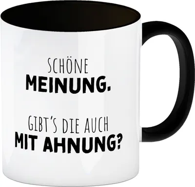Produktbild von Klugscheißer Kaffeebecher in schwarz mit Spruch Schöne Meinung aber keine Ahnung