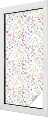 Obrázok produktu pre Vitrážová fólia na okno - 116x50 cm - vitrážový vzor - nepriehľadná dekoratívna fólia na ochranu súkromia - samolepiaca, UV ochrana - kvetinová lúka