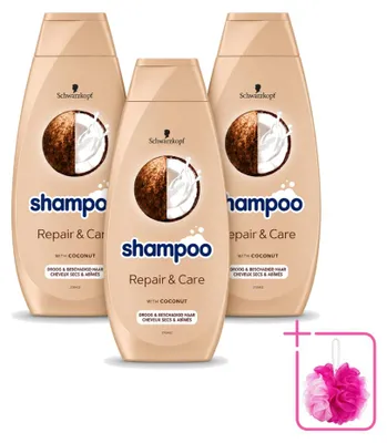 Image de 3 bouteilles de shampooing Schwarzkopf Repair & Care pour cheveux abîmés - 400 ml - Pack économique - 3 pièces