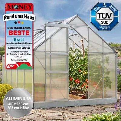 Produktbild von BRAST Gewächshaus Aluminium mit Fundament | 310x250x205cm | 6mm Hohlkammerplatten | rostfrei wetterfest temperaturbeständig | Silber