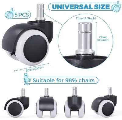 5 Drehstuhlrollen für harte Böden - 11 mm/50 mm - Set von 5 - Leise und langlebige Rollen für Bürostühle