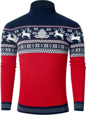 Immagine prodotto di Maglione a collo alto da uomo, stile natalizio, caldo, in maglia, rosso e blu, taglia XL