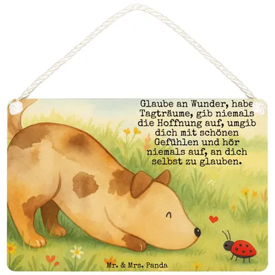 Produktbild von Mr. & Mrs. Panda holzbild Hund Marienkäfer Design DIN A4 - Weiß - Geschenk, Mischlingshund, Holzschild, Sprüche, Positiv, Zuversichtlich, Schild, kleine aufmerksamkeit