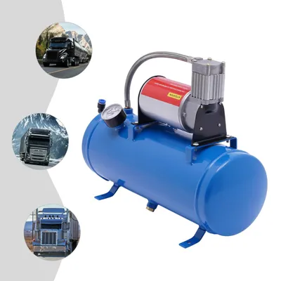 Obrázok produktu pre 12 V vzduchový kompresor – súprava s 6 l nádržou, 150 psi – 3,8 m hadica – na vlakovú húkačku a hustenie pneumatík – modrý