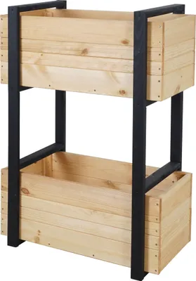 A two-tiered wooden planter box with black metal framing, shown against a white background.