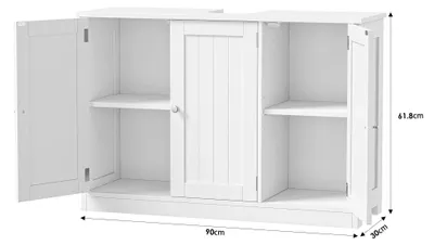 Zdjęcie produktu dla Szafka pod umywalkę do łazienki – wolnostojąca szafka łazienkowa – drewniana szafka z 3 drzwiami – 90 x 30 x 61,8 cm – biała