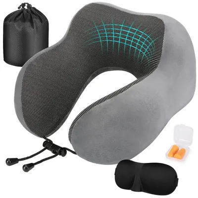 Obrázok produktu pre Cestovný vankúšik na krk, ergonomický, s pamäťovou penou, s maskou na oči, zátkami do uší a vreckom, tmavosivý