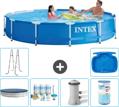 Produktbild von Intex-Schwimmbecken mit rundem Rahmen – 366 x 76 cm – Blau – im Lieferumfang enthalten Abdeckung - Wartungspaket - Filterpumpe für Schwimmbad - Filter - Leiter - Fußbad