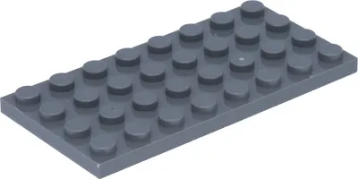 A dark gray LEGO brick plate with studs is shown from a slightly elevated angle against a white background.