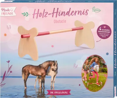 The image shows the packaging of a wooden obstacle toy for horses, with a picture of two horses in water and two children playing with a toy horse on the front.