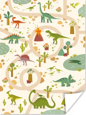 Produktbild von MuchoWow® Poster Dinosaurier - Vulkan - Kinder - Beige 90x120 cm - Wohnzimmer
