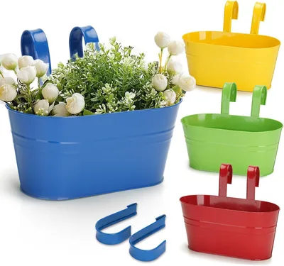 Obrázok produktu pre Závesné kvetináče 27 cm, 4 ks, kov s odnímateľným háčikom a otvorom, pre balkón