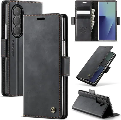 Obrázek produktu pro Kožené pouzdro pro Samsung Galaxy Z Fold 7, RFID ochranou, magnetickým zavíráním, přihrádkami na karty a funkcí stojánku Černý
