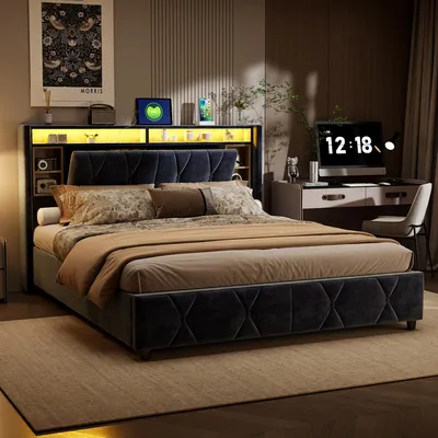 Zdjęcie produktu dla ProximaX – szara aksamitna rama łóżka 160 x 200 cm z hydraulicznym schowkiem, zagłówkiem z schowkiem, oświetleniem LED i stacją ładowania USB
