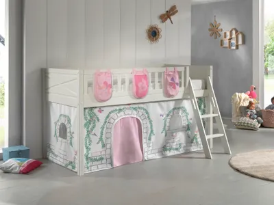 Produktbild von VIPACK - Spielbett SCOTT, LF 90 x 200 cm, mit Rolllattenrost, Leiter und Textilset Vorhang und 3 Taschen "Birdy"