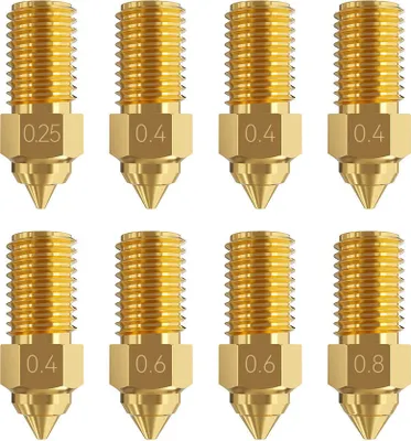 Obrázok produktu pre Súprava vysokorýchlostných mosadzných matríc Creality, 8 kusov (1 x 0,25 mm + 4 x 0,4 mm + 2 x 0,6 mm + 1 x 0,8 mm), vhodná pre Ender-3 V3 SE / Ender -5 S1 / Ender- 7, podporuje vysokú teplotnú odolnosť 300 ¡ãC Použiteľné pre väčšinu materiálov FDM PLA/ABS/PETC/TPE/TPU/PC