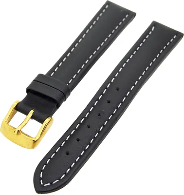 Produktbild von Uhrenarmband Kalbslederband Schwarz mit weißer Naht 18mm seidenmatt Gold
