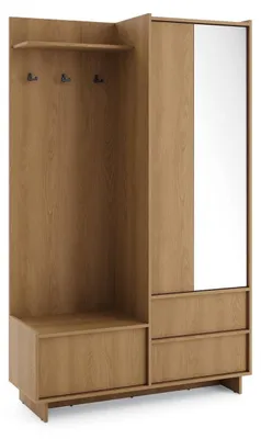 Produktbild von BETTSO Flurgarderobe SUNA 125 cm Garderobenset mit Spiegel, Kleiderschrank, Schuhkipper & Schubladen, Flurmöbel Karamelleiche Japandi