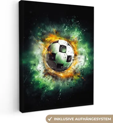 Obrázek produktu pro OneMillionCanvasses® - Obraz na plátně - Míč - Fotbal - Zelená - Oranžová - Kouř, nástěnná malba, nástěnné dekorace obrázky do obývacího pokoje, 60x80cm