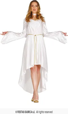 A woman wearing a white angel costume with flowing sleeves and a golden belt, standing against a white background.