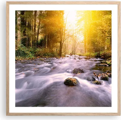 Produktbild von Gerahmtes Poster - Rahmen in heller Eiche - Herbst Wald Berg Fluss - 60x60 cm - Wand Bild - Wanddeko - Wandbilder - Wandposter - Bilderrahmen - Bilder - Kunstdruck - Wandbild - P2NAC60x60-0504