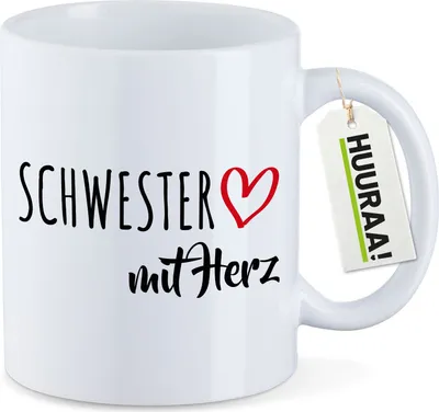 Produktbild von Huuraa Kaffeetasse Schwester mit Herz 330ml Weiß Keramik Kaffeebecher Geschenkidee