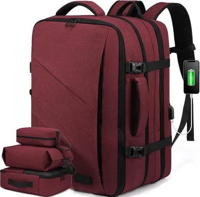 Obrázek produktu pro Uniqoos® Batoh do letadla, kabinový batoh, rozměry 47 x 31 x 16 cm (rozšiřitelný na 20 cm), objem 23–30 litrů, přihrádka na notebook o velikosti 15,6 palců, otevírání do 180 stupňů, ochrana proti krádeži, barva: vínová