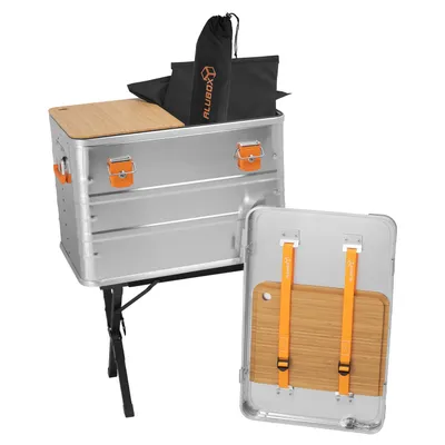 Produktbild von Alubox® Campingbox 78L Standfuss - Klappständer bis 100kg belastbar Box 78L Farbe silber - Küchenkiste ohne Inhalt abschließbar mit Deckel - 78 Liter