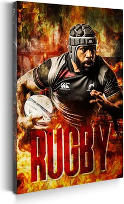 Produktbild von Rugby Spieler in Aktion vor Feuerkulisse Wandbild Leinwandbild XL Wanddeko: 60x90x2cm
