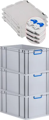 Produktbild von SuperSparSet 3x Eurobox NextGen Color mit Scharnierdeckel und Schiebeschnappverschlüssen | HxBxT 32x40x60cm | 65 Liter | Grau | Griffe blau geschlossen | Verstärkter Boden | Eurobehälter, Transportbox, Transportbehälter, Stapelbehälter