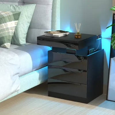 Produktbild von Nachttisch mit Steckdose,Nachtschrank mit Led Licht,Einstellbare Farben,Nachtkommode mit Schiebekommode Oben,Beistelltisch Nachtschrank 45x40x67cm